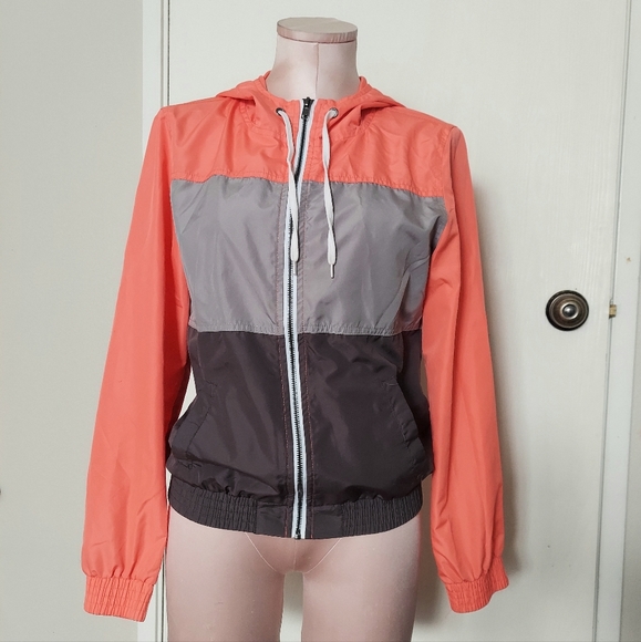 Zine Windbreaker Full Zip Coral & Grey Color Block Hooded Jacket Women's Medium - Picture 3 of 6
